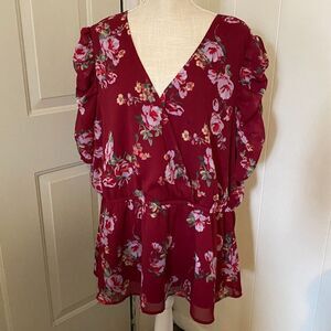 Maurice Burgundy Floral V-Neck Short Sleeve Top Size 3X